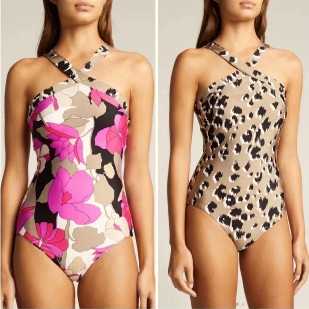Trina Turk Reversible Lynx High Neck One Piece Swimsuit